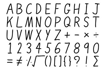 Black color hand drawing of alphabet, number letter and mathemetics symbol on white background