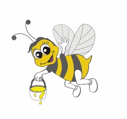Vector illustration with Happy and sweet bumblebee, honey bee who flies with a jar of honey.