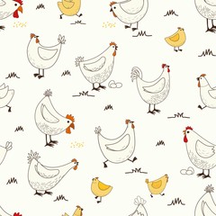 Seamless pattern with cartoon chicken