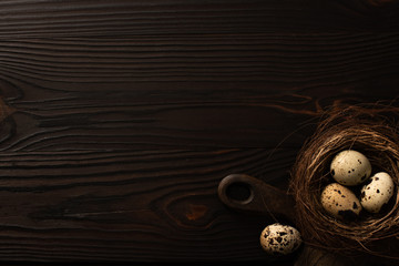 top view of quail eggs in brown nest on chopping board on dark wooden surface