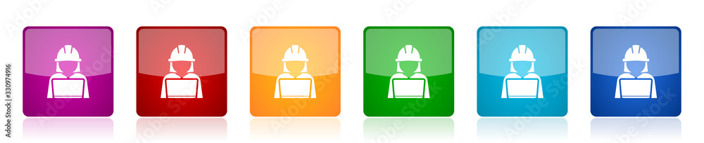 Fototapete Engineer with laptop icon set, worker, manager colorful square glossy vector illustrations in 6 options for web design and mobile applications
