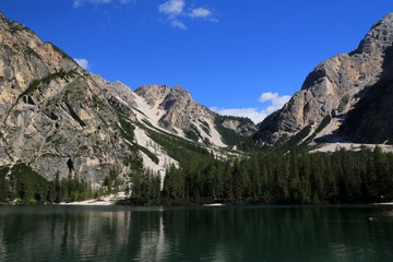Fototapeta na wymiar Lake Braies, mountain lake in Prags Dolomites in South Tyrol, Italy