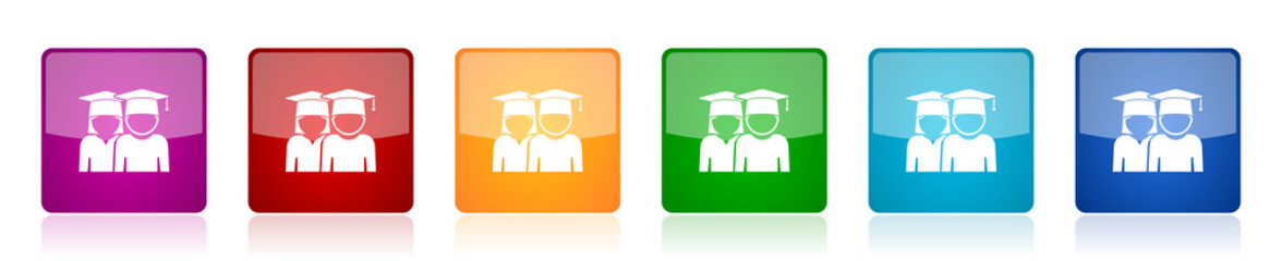 Education icon set, educate, graduate, female and male students colorful square glossy vector illustrations in 6 options for web design and mobile applications