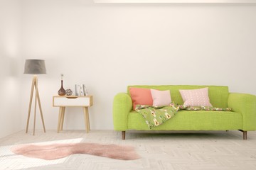 Modern living room in white color with sofa. Scandinavian interior design. 3D illustration