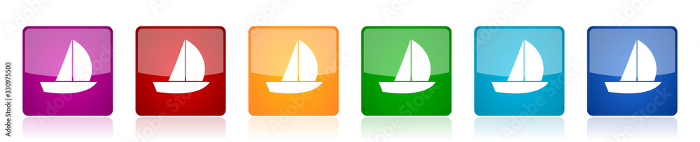 Poster Yacht icon set, colorful square glossy vector illustrations in 6 options for web design and mobile applications