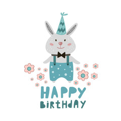 Obraz na płótnie Canvas Happy Birthday. Vector Cute bunny. Cute design for a birthday. Flat illustration. Rabbit boy