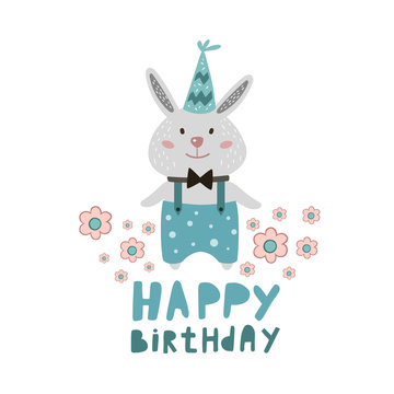 Happy Birthday. Vector Cute bunny. Cute design for a birthday. Flat illustration. Rabbit boy