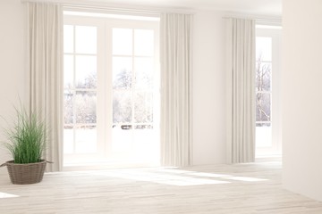 Obraz premium Mock up of empty living room in white color with winter landscape in window. Scandinavian interior design. 3D illustration