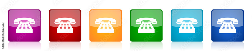 Aufkleber phone icon set, colorful square glossy vector illustrations in 6 options for web design and mobile a