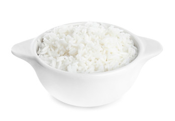 Bowl with cooked rice isolated on white