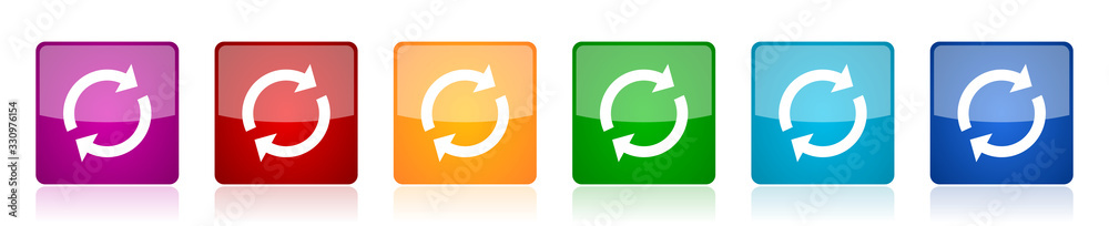 Poster Reload icon set, colorful square glossy vector illustrations in 6 options for web design and mobile applications