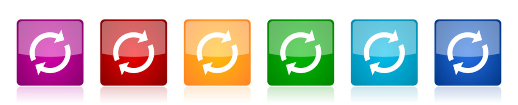 Reload icon set, colorful square glossy vector illustrations in 6 options for web design and mobile applications