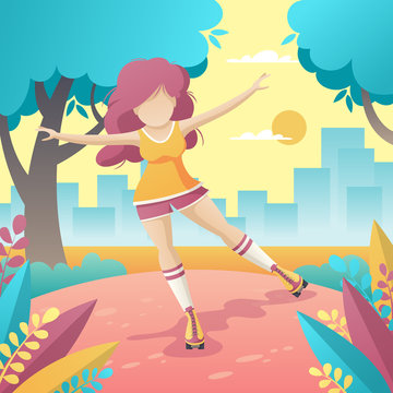 Young woman driving roller skate in the park. Modern concept in flat style with color gradients. For workspace, web, background and templates. Vector illustration with separate layers.