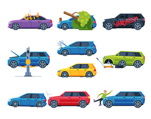 Different Accidents and Crashes on the Road Set, Damaged Car Vehicles Flat Vector Illustration