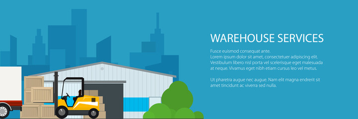 Banner of warehouse services , warehouse with forklift truck on the background of the city, transportation and cargo services and storage, vector illustration © serz72