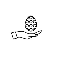 Hand holding decorated Easter egg. Thin line vector icon. Linear graphic symbol isolated on white. Easter