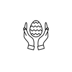 Hands holding an Easter egg. Thin line vector icon. Linear graphic symbol isolated on white. Easter