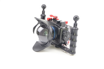 Underwater camera, hand grip and white background