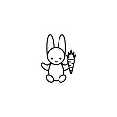 Cute bunny holding a carrot. Thin line vector icon, linear graphic symbol isolated on white. Holiday