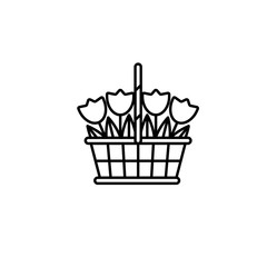 Tulip flowers in a basket Thin line vector icon. Linear graphic symbol isolated on white. Spring symbol