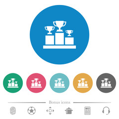 Winner podium with trophy cups flat round icons