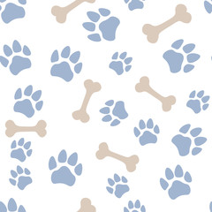 Fototapeta na wymiar Pets paw pattern. Bones and animal footsteps seamless texture. Pet store background. Vector illustration.