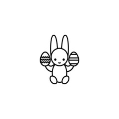 Easter bunny holding decorated eggs. Thin line vector icon, linear graphic symbol isolated on white. Holiday