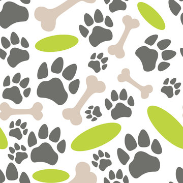 Pets paw pattern. Bones, flying saucer and animal footsteps seamless texture. Pet store background. Vector illustration.