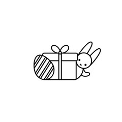 Easter bunny hinding behind a gift box with a decorated egg. Thin line vector icon, linear graphic symbol isolated on white. Holiday