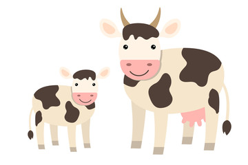 Cute cartoon cow family in flat style isolated on white background. Farm animals.  Vector illustration.  