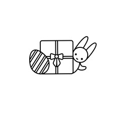 Easter bunny hinding behind a gift box with a decorated egg. Thin line vector icon, linear graphic symbol isolated on white. Holiday