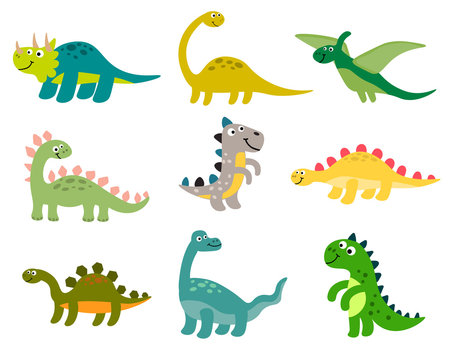 Cute cartoon dinosaurs set in flat style isolated on white background. Vector illustration.  