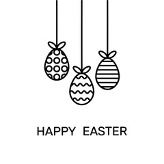 Easter decor design. Thin line icon. Linear graphic symbol isolated on white. Decoration of 3 hanging Easter eggs. Vector