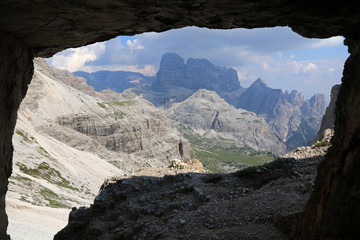 Fototapeta na wymiar Via ferrata - iron path called Innerkofler, Mount Paterno, Dolomites, Italy