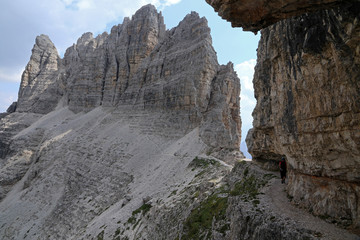 Fototapeta na wymiar Via ferrata - iron path called Innerkofler, Mount Paterno, Dolomites, Italy