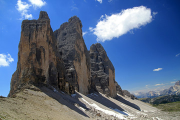 The north faces of the Tre Cime di Lavaredo, Three Peaks of Lavaredo, Dolomites, Italy