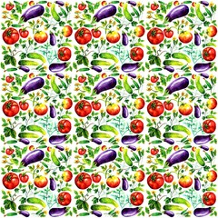 Vegetables. Purple Eggplant, red tomatoes and green cucumbers. Seamless pattern (background). Abstract illustration of a tender blue-violet, red-green color on white. Textures for printing on fabric, 