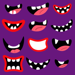Monsters mouth set. Red cartoon mouths with teeth and tongue isolated on violet background. Vector illustration.