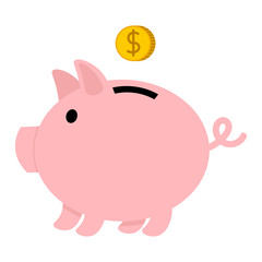 Piggy bank with coin in flat style isolated on white background. Vector illustration. 