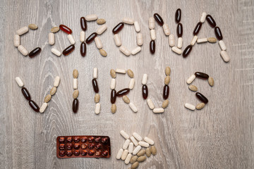 Coronavirus text made from medicaions