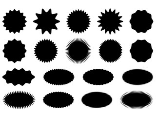 Starburst stickers set. Black sunburst badges, isolated on white star price labels. Round and sharp corners. Vector  illustration.  