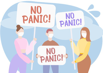 No panic. Vector flat illustration. Girls with a poster. Human pandemia.  People in protective face dust masks.