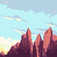Pixel art background. Location with mountains, sun, trees and clouds. Landscape for game or application. 8 bit