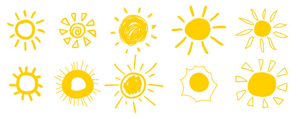 Doodle sun icons. Hot weather suns collection isolated on white.  Summer doodles with sunlight, sketch drawings, hand drawn sunshine objects. Vector illustration.  - 330980799