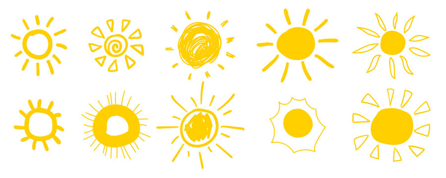 Doodle sun icons. Hot weather suns collection isolated on white.  Summer doodles with sunlight, sketch drawings, hand drawn sunshine objects. Vector illustration. 