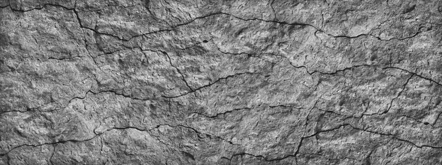 Cracked stone surface. Close-up. Gray abstract grunge background. Banner with gray rock texture. Copy space.