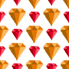 Vector pattern with diamonds. Pixel gemstones, gem jewels and diamonds, jewelry precious stones seamless pattern. Pixel art 8 bit. 