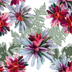 Tropical plants seamless pattern, colored flowers.