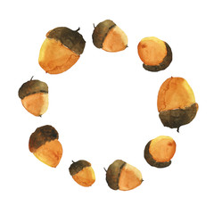 Watercolor round frame of acorns isolated on white background. Hand painting illustration with copy space. Perfect for autumn design, cards, postcards, wrapping. © Kaya Gach