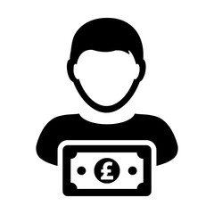 British Pound sign icon vector male user person profile avatar with currency money symbol for banking and finance business in flat color glyph pictogram illustration